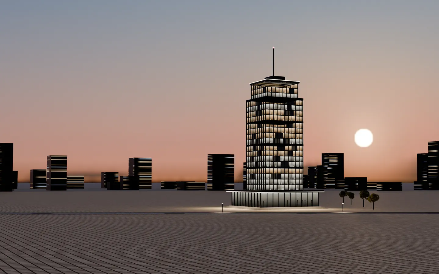 Visualisierung: das Hochhaus mit sechs Stockwerken in der Abenddämmerung, unten der Sockel, oben das Dach mit Antenne