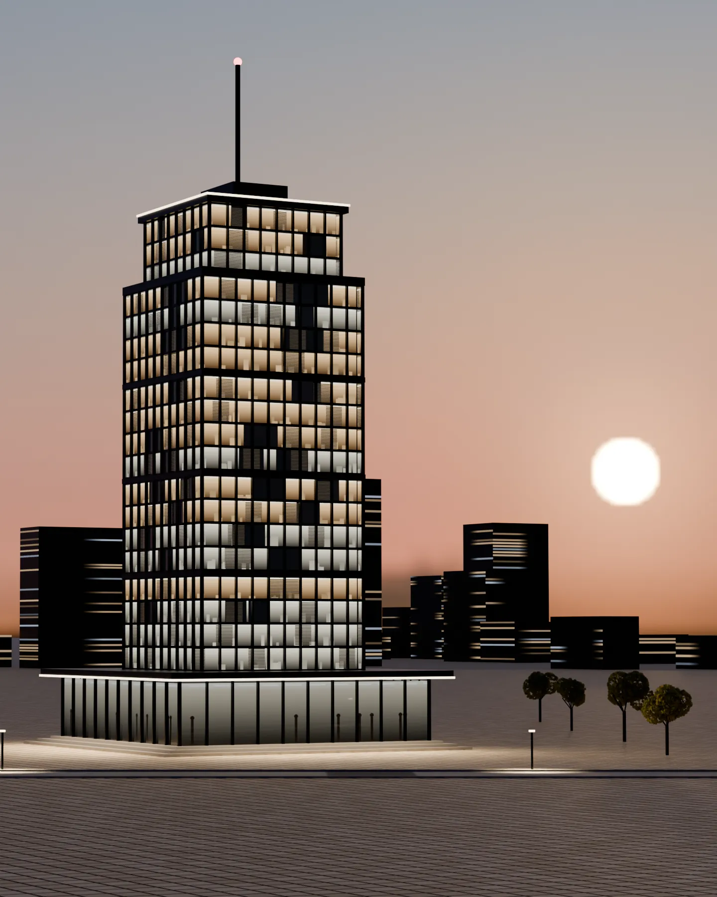 Visualisierung: Hochhaus mit Glasfassade in der Abenddämmerung auf einem hellen Steinplatz mit Bäumen und Laternen